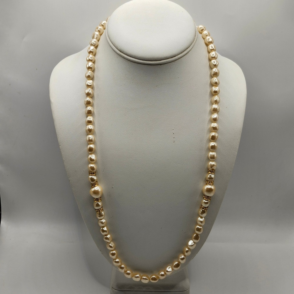 Vintage Faux Pearl Necklace Gold Tone‎ Accent Beads Cream Baroque Style Strand